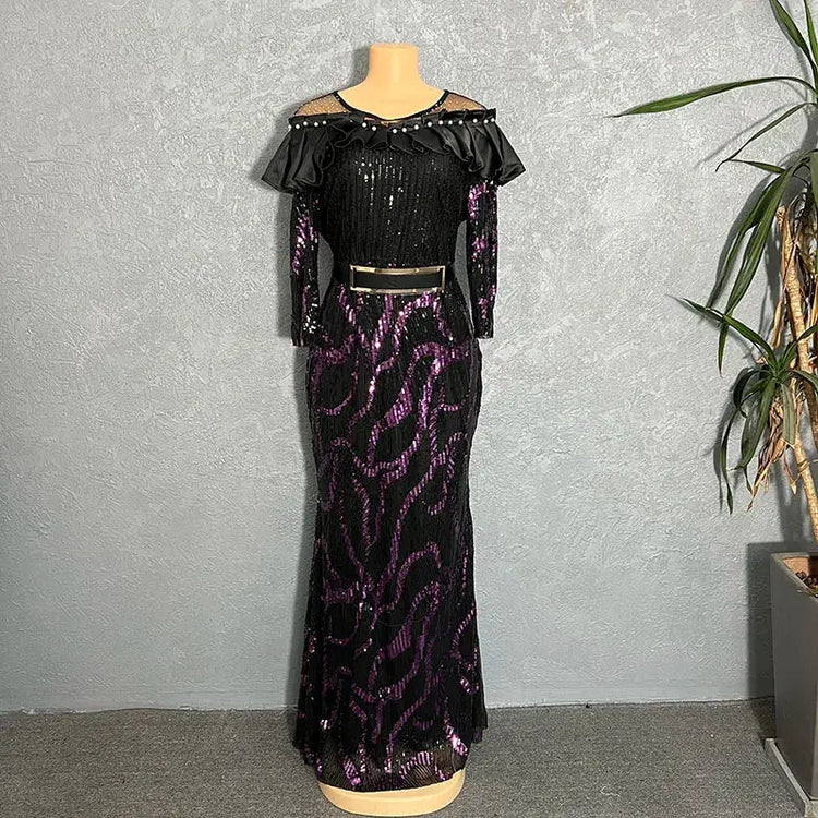 African Dresses For Women 2022 Lady Elegant Glittering Evening Dress Sparkle Sequin Sexy Sheath Maxi Party Gowns Come With Belt Beauty hair & fashionfj