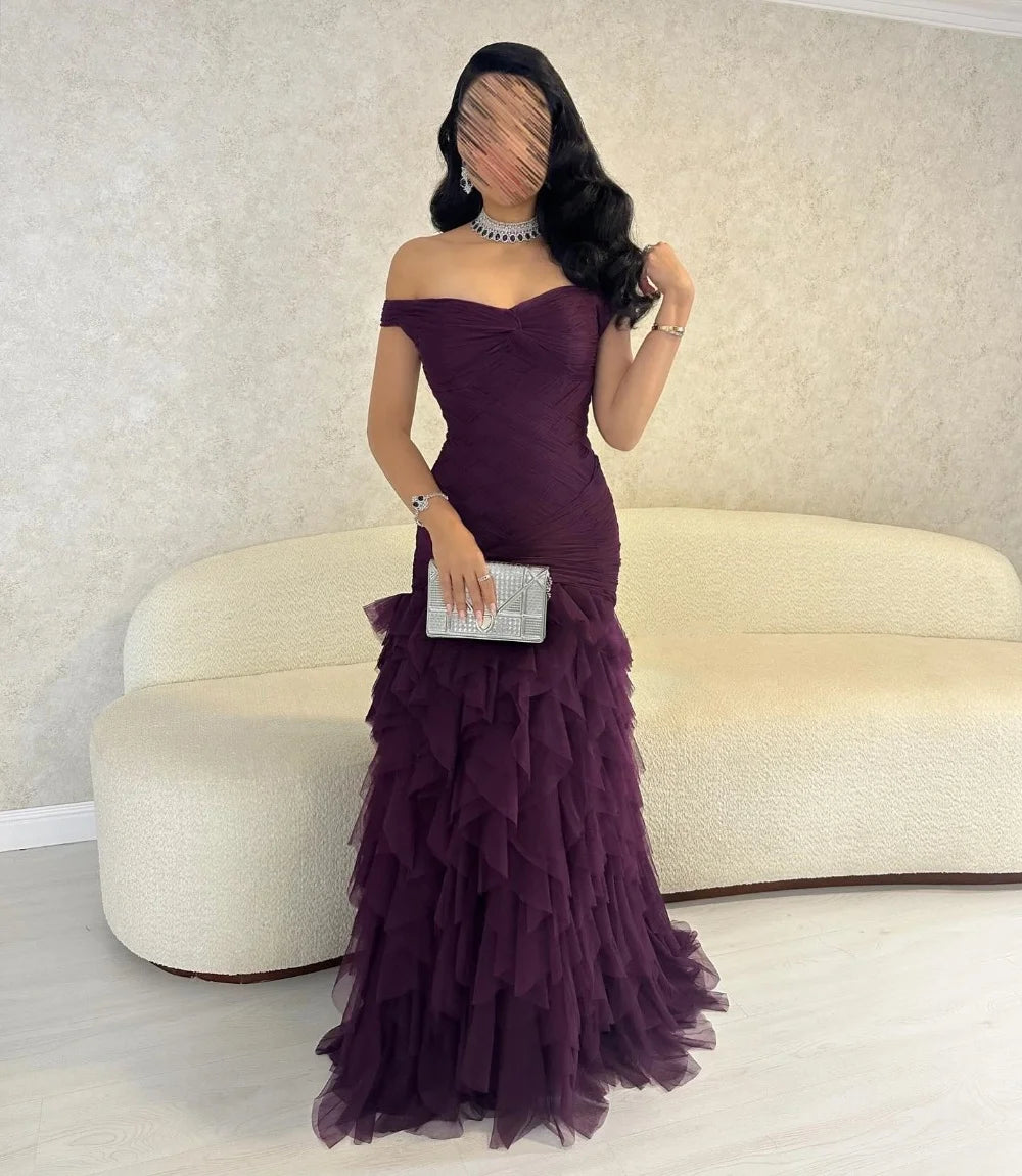 Customized Retro Tulle Pleat A-line Off-the-shoulder Long Dresses Bespoke Occasion   Classic Modern Style Beauty hair & fashionfj