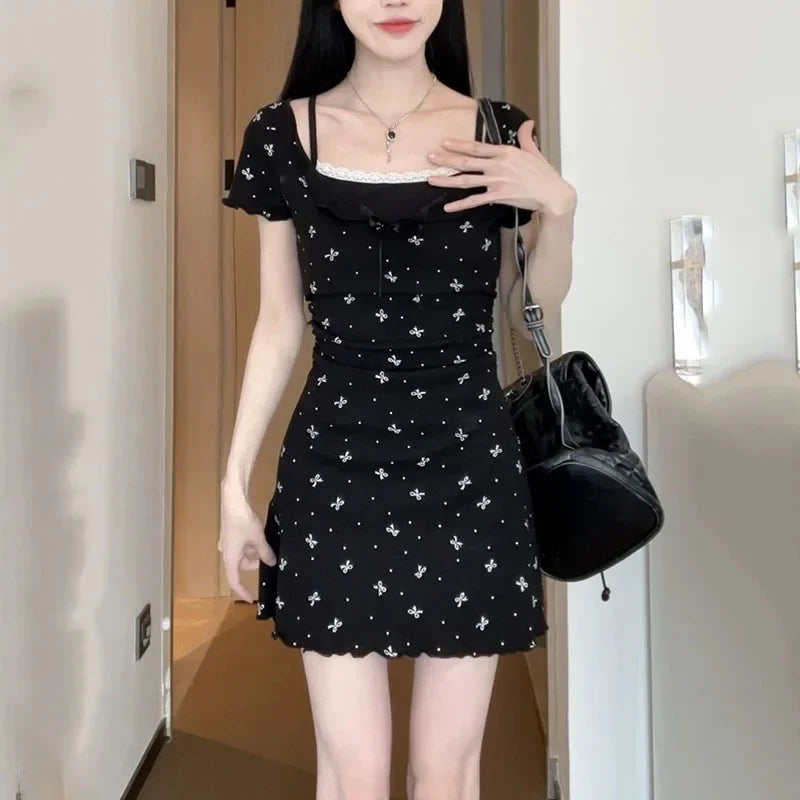 Lucyever Fake Two Piece Bowknot Print Dress Women Summer Lace Patchwork Short Sleeve Dresses Korean Fashion Slim Mini Dress Lady Beauty hair & fashionfj