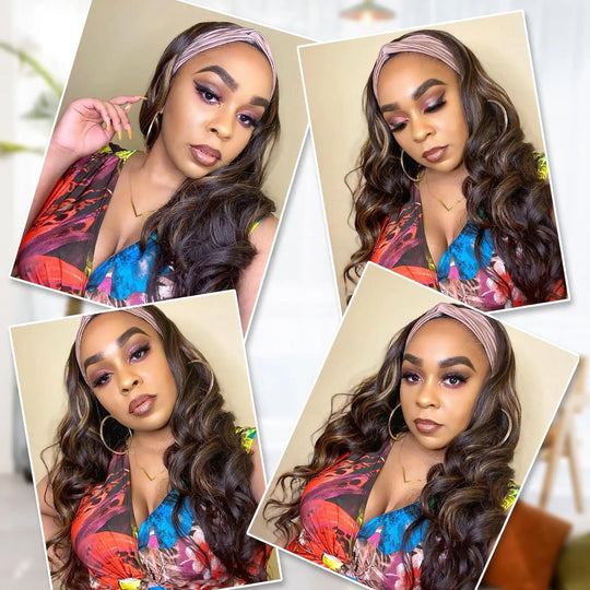 Brown Highlight Headband Wigs For Black Women 26" Body Wavy Wig With Headband Attached Natural Looking Synthetic Hair Wig
