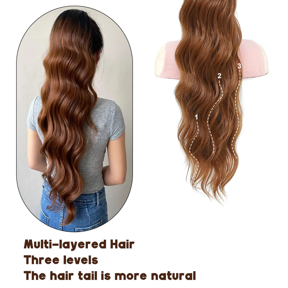 28 Inch Drawstring Ponytail Synthetic Hair Extensions For Black Women Long Wavy Clip-in High Temperature Pony Tail For Afro Girl