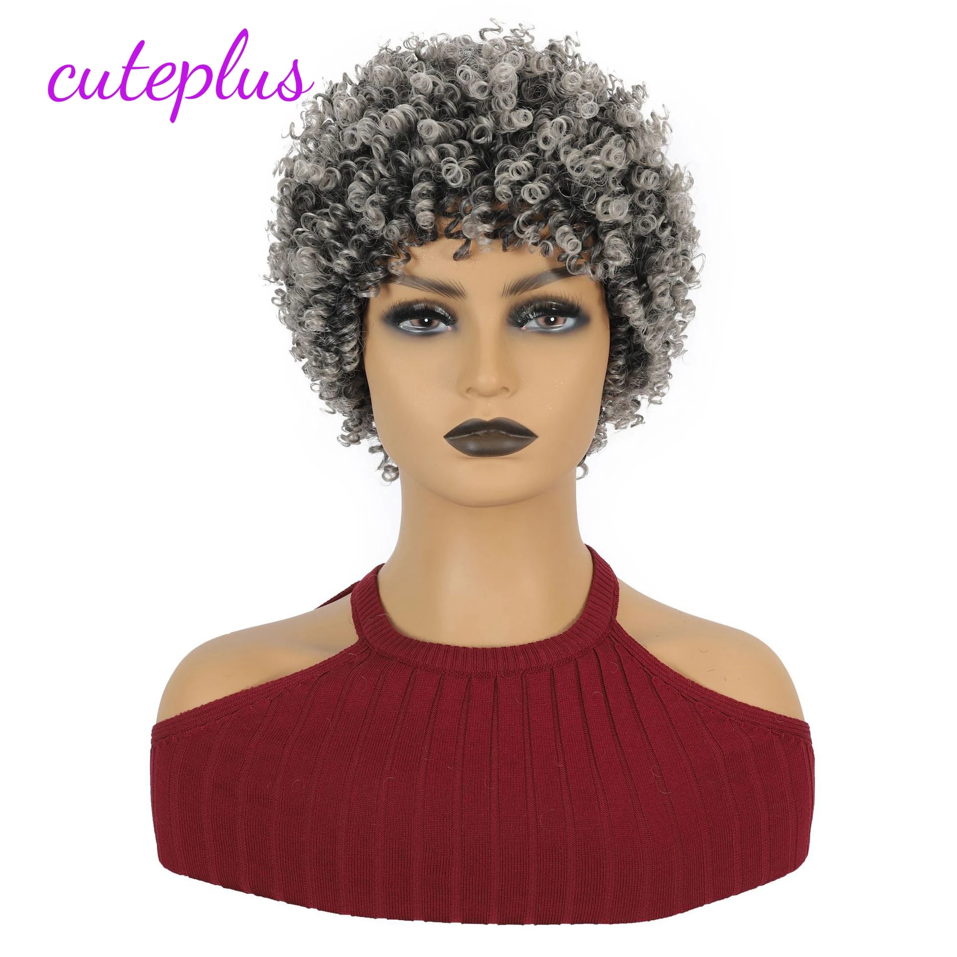Short Kinky Curly Afro Synthetic Hair Wig for Black Women with Bangs Natural Cosplay