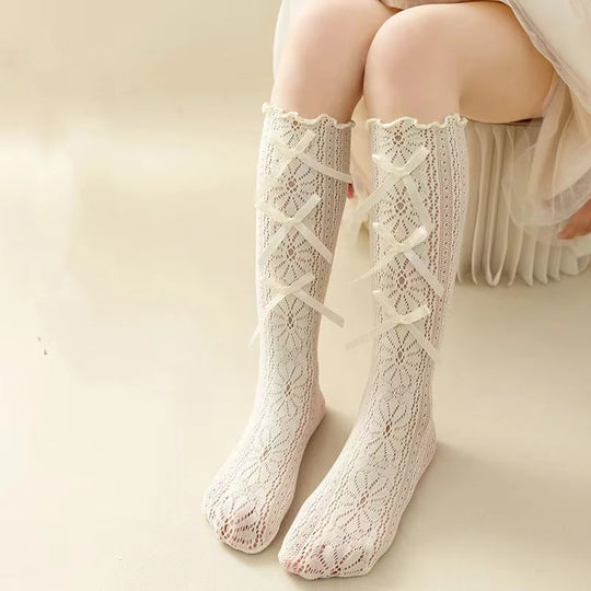 Girls Long Tube Lace Stockings Sweet Bow Jacquard Pattern Mesh Sock Baby Girl Ballet Fishing Net Frilly Socks Lolita Leggings