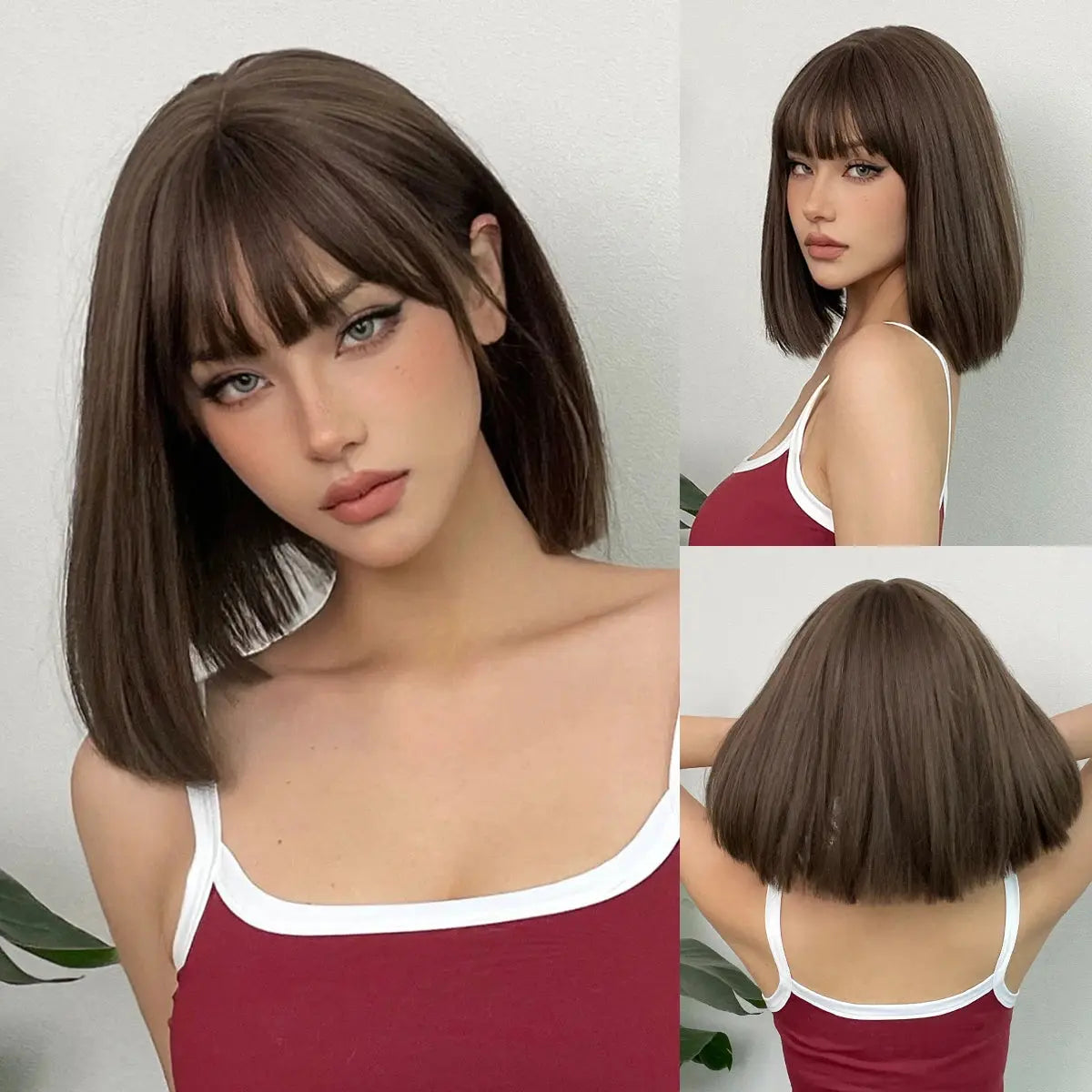 Short Black Brown Synthetic Natural Hair Wigs for Women Bob Straight Wig with Bangs High Temperature Daily Cosplay Party Wigs Beauty hair & fashionfj