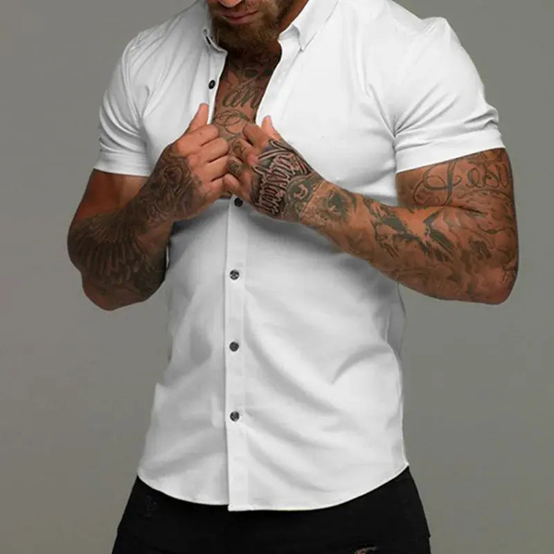 Men Slim Blouse Shirts Summer Casual Male Turn Down Collar Short Sleeve Button Tops LXDZ-110 Beauty hair & fashionfj