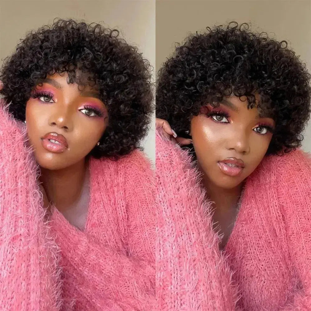 Full Machine Made 8 Inch Short Pixie Curly Bob Wig with Bangs Brazilian Human Hair Bouncy Curl Wig for Women Ready to Go Wig ﻿ ﻿ Beauty hair & fashionfj