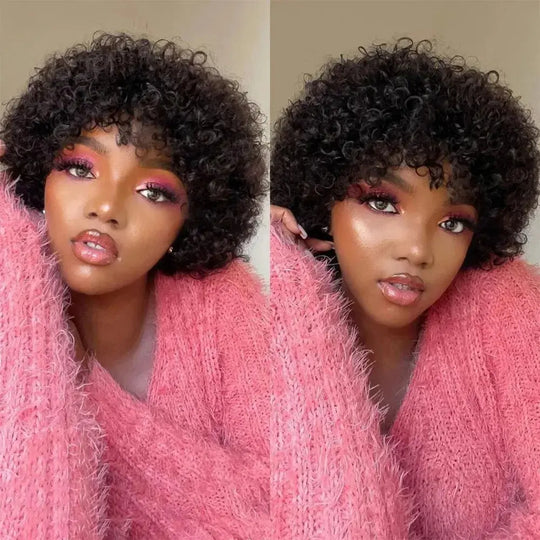 Full Machine Made 8 Inch Short Pixie Curly Bob Wig with Bangs Brazilian Human Hair Bouncy Curl Wig for Women Ready to Go Wig ﻿ ﻿ Beauty hair & fashionfj