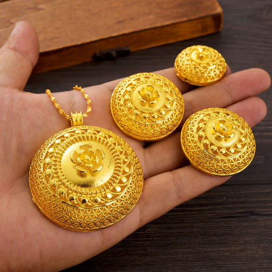 African Women Classic Ethnic Style Jewelry Set Golden Color Pendant Necklace Earrings Ethiopian Bridal Wedding Luxury Gift