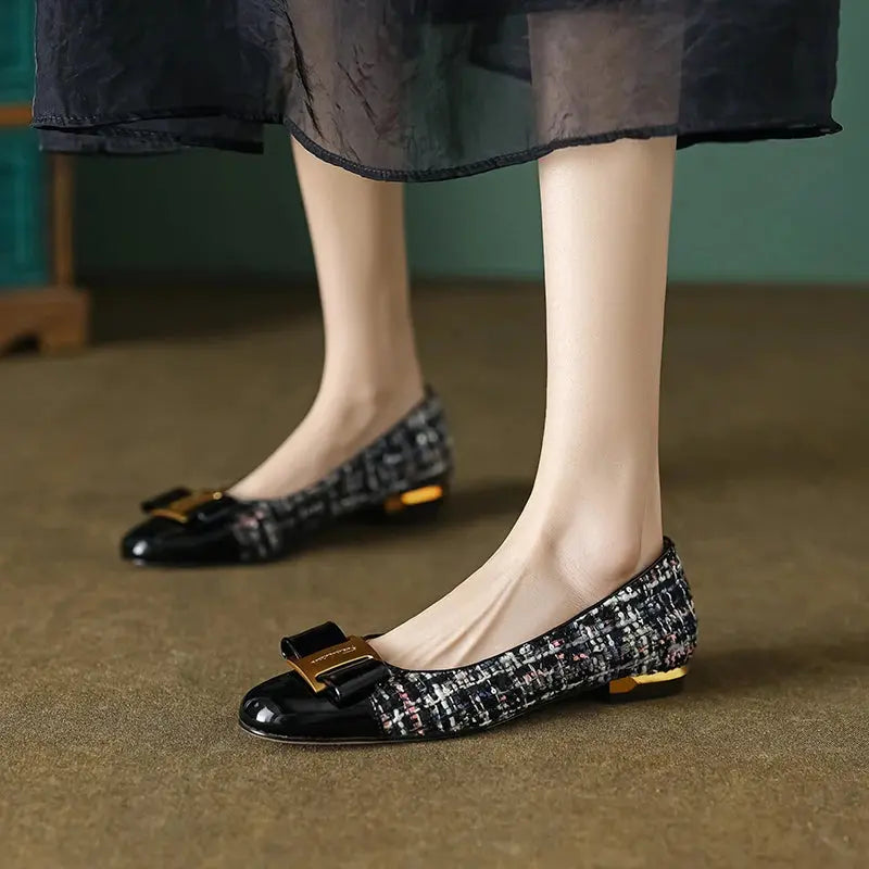 Elegant Flats Women 2025 Cow Leather Shoes Gold Bowtie Big Size 43 Spring Low Heels Slip On Pointed Toe Comfortable Footwear Beauty hair & fashionfj