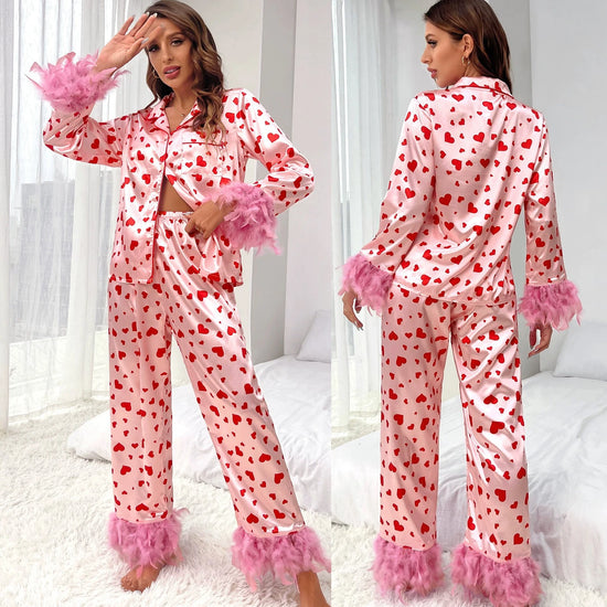 Luxury Feathers Pajamas Set Lounge Wear Spring New Long Sleeve Pijamas Suit Love Printing Home Clothes Loose Pyjama Pour Femme
