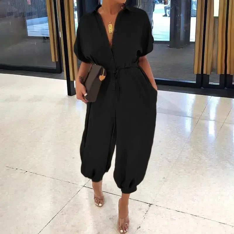 Women's New Jumpsuit Long Fashionable Leopard Print Jumpsuit Women's Retro Short Sleeved Button Casual Loose Pants Jumpsuit Beauty hair & fashionfj