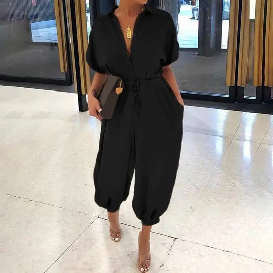 Women's New Jumpsuit Long Fashionable Leopard Print Jumpsuit Women's Retro Short Sleeved Button Casual Loose Pants Jumpsuit Beauty hair & fashionfj