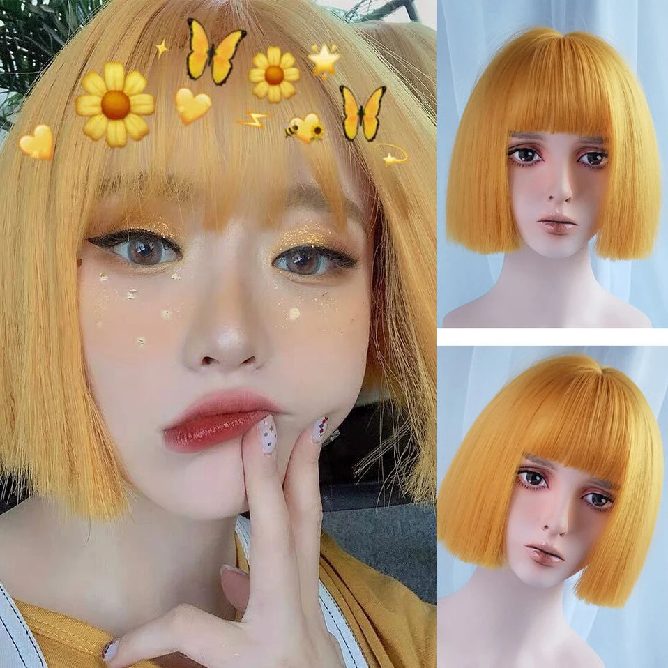 Short Bob Straight Synthetic Blonde Wig With Bangs Girl Female Crochet Hair Silver White Pink Orange Wig