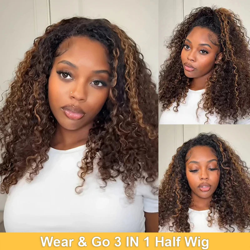 1b30 Highlight Half wig wear and go 3in1 Headband Wigs Human Hair Water Wave Wigs 100% Hair Curly wig Deep Wave Human Hair Wig