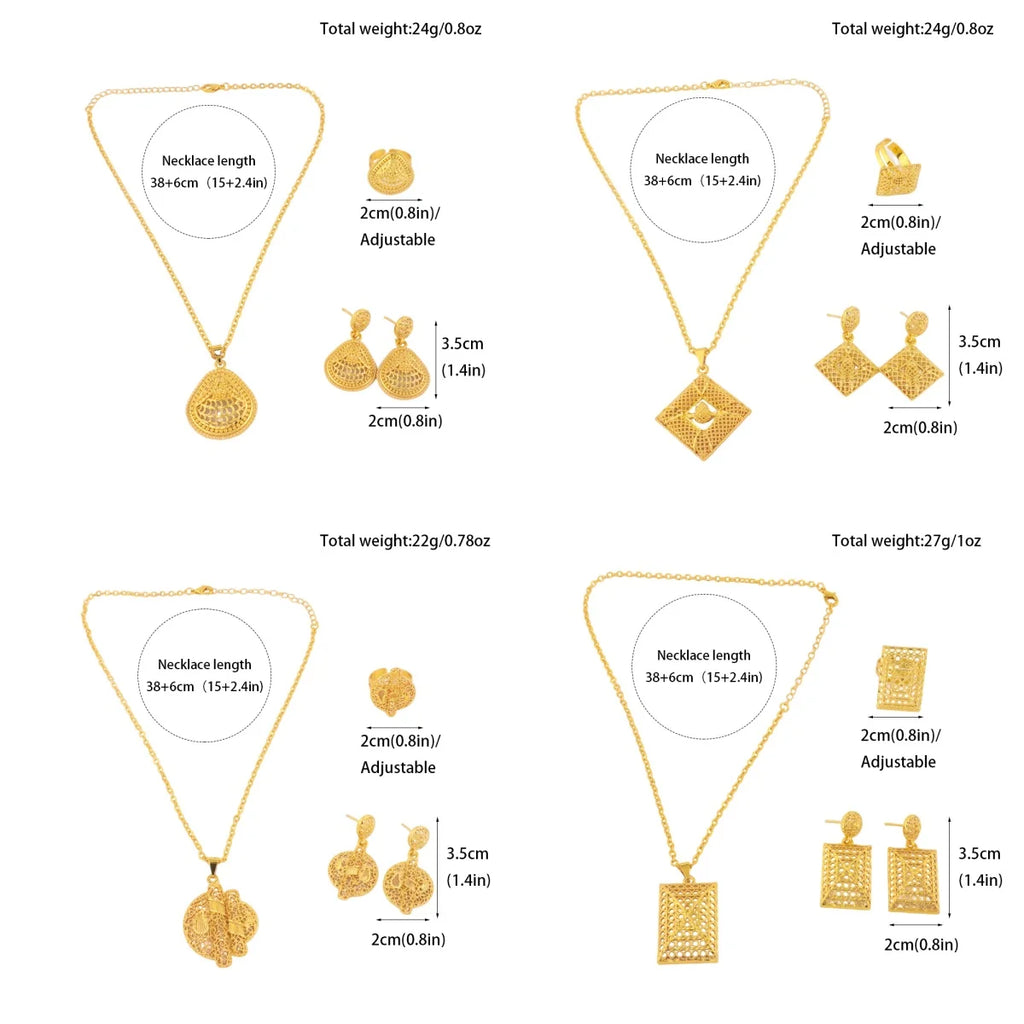 Mid East Gold-plated 3pcs Jewelry Set For Women India Dubai Jewelry Geometry Earrings Necklace Ring Set Apply for Party Wedding