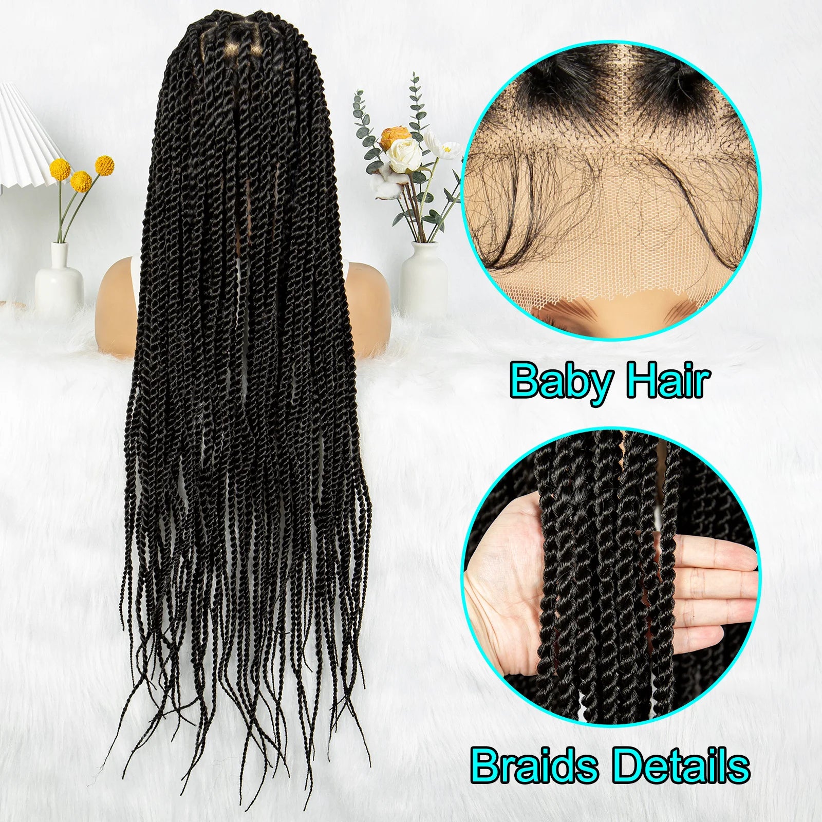Real Shot High-Quality Twisted Braided Wig Transparent Full Lace Braids Hair Wig Synthetic Faux Locs Wig Goddess Braids Wigs
