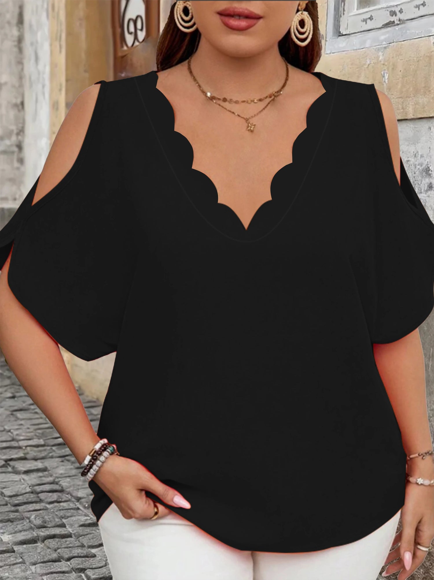 Elegant Off-Shoulder Wave V-Neck T-Shirt - Solid Color Plus Size Women&