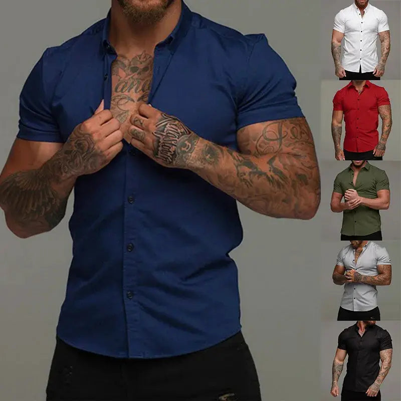 Men Slim Blouse Shirts Summer Casual Male Turn Down Collar Short Sleeve Button Tops LXDZ-110 Beauty hair & fashionfj