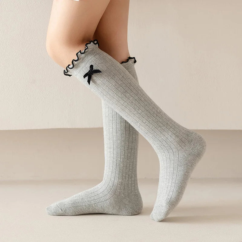 Girls Korean Bow Ruffle Calf Socks for Kids Cute White Knee High Long Lace Children Socks Spring Summer Soft School Stockings