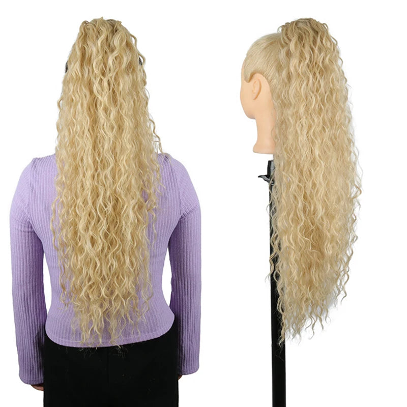 Julianna Synthetic Kanekalon Black Drawstring Water Wave Ponytail Extension Female Curly Wavy Clip In Ponytail Hair Extension