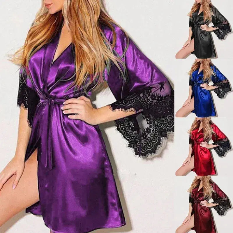 Women Night Gown Robe with G String Floral Lace Bathrobe Halt Sleeve Nightdress Female French Sexy Silky Satin Sleepwear Beauty hair & fashionfj