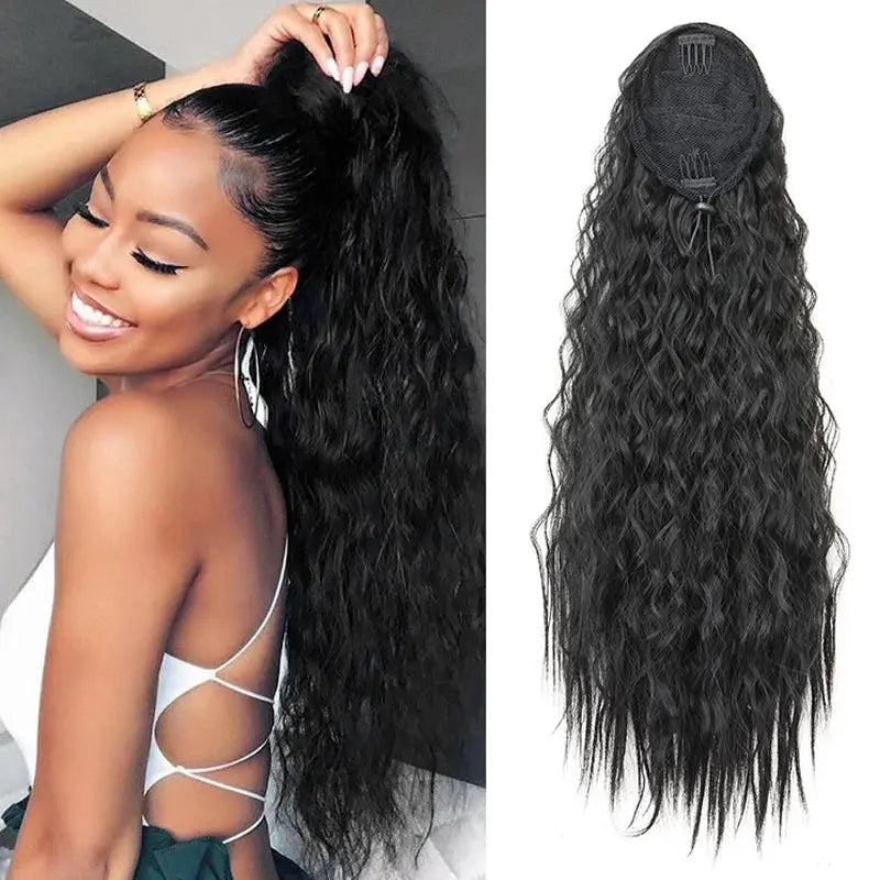 22Inch Synthetic Long Kinky Curly Ponytail Hair Extension Drawstring Wrapped Clip in Hair Black Hairpiecefor Women Beauty hair & fashionfj