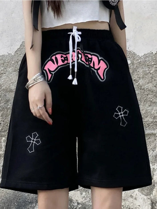 Black Women Shorts Summer 2025 High Waist Casual Printed Knee Length Pants Female