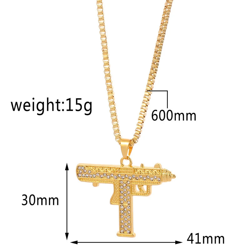 Gold Plated Necklace Uzi Gun Pendant Necklace Alloy Full Crystal Bling Submachine Chain Hip Hop Accessories Male Necklace Beauty hair & fashionfj