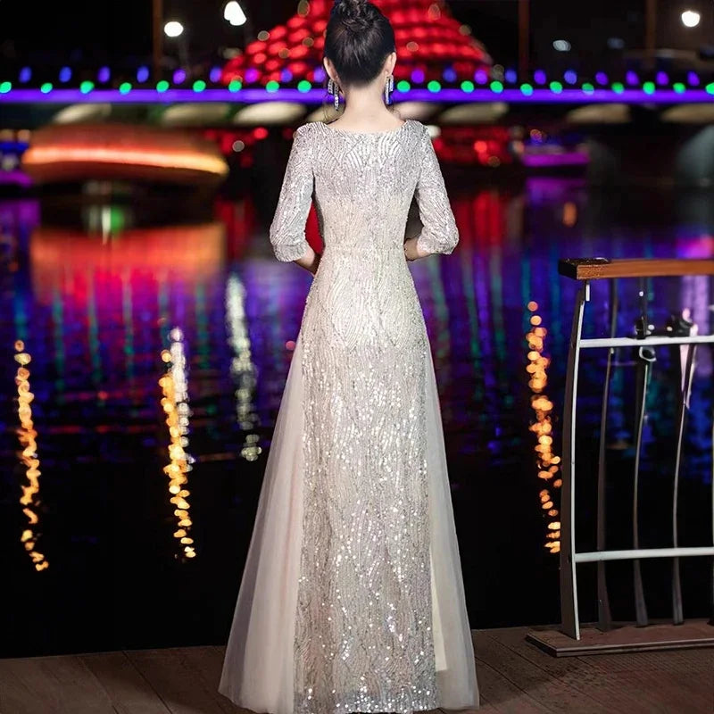 Evening Gown High-end Banquet Niche Light Luxury Host Steel Companion Conductor Choir Performance Costume Women's Long Dress WLF Beauty hair & fashionfj