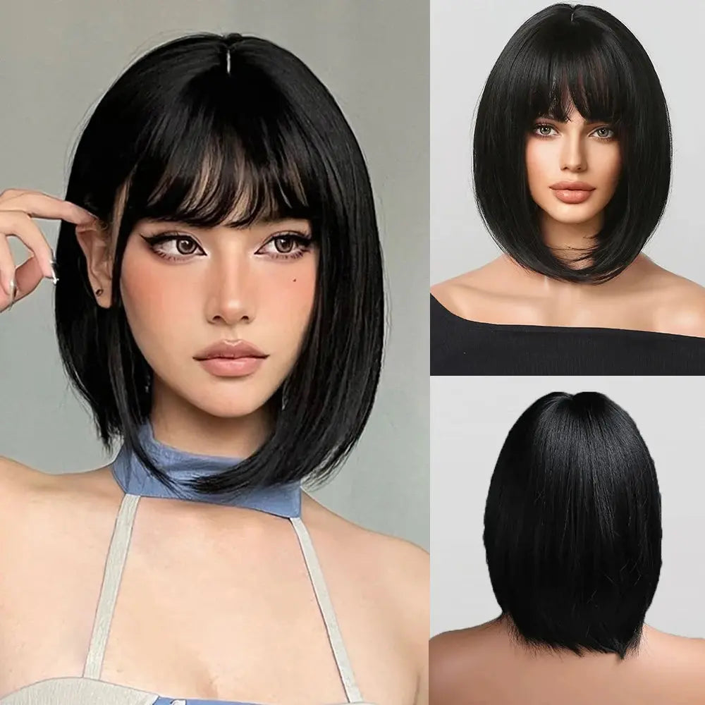 Short Black Brown Synthetic Natural Hair Wigs for Women Bob Straight Wig with Bangs High Temperature Daily Cosplay Party Wigs Beauty hair & fashionfj