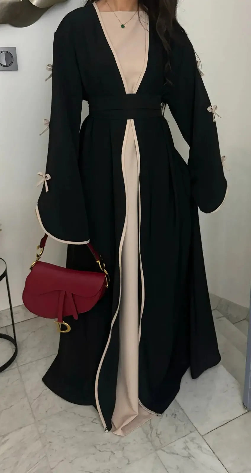 Women Muslim Arab Bow Round Neck Gown Long Sleeves Corset Ramadan Elegant Loose Cardigan Beauty hair & fashionfj