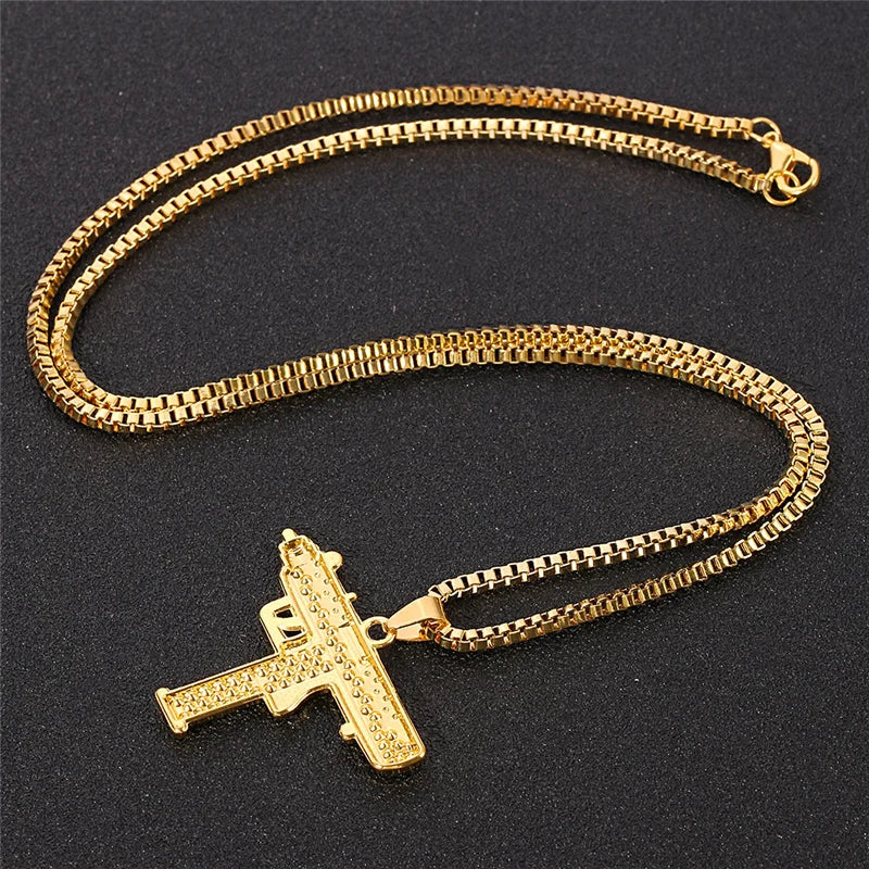 Gold Plated Necklace Uzi Gun Pendant Necklace Alloy Full Crystal Bling Submachine Chain Hip Hop Accessories Male Necklace Beauty hair & fashionfj