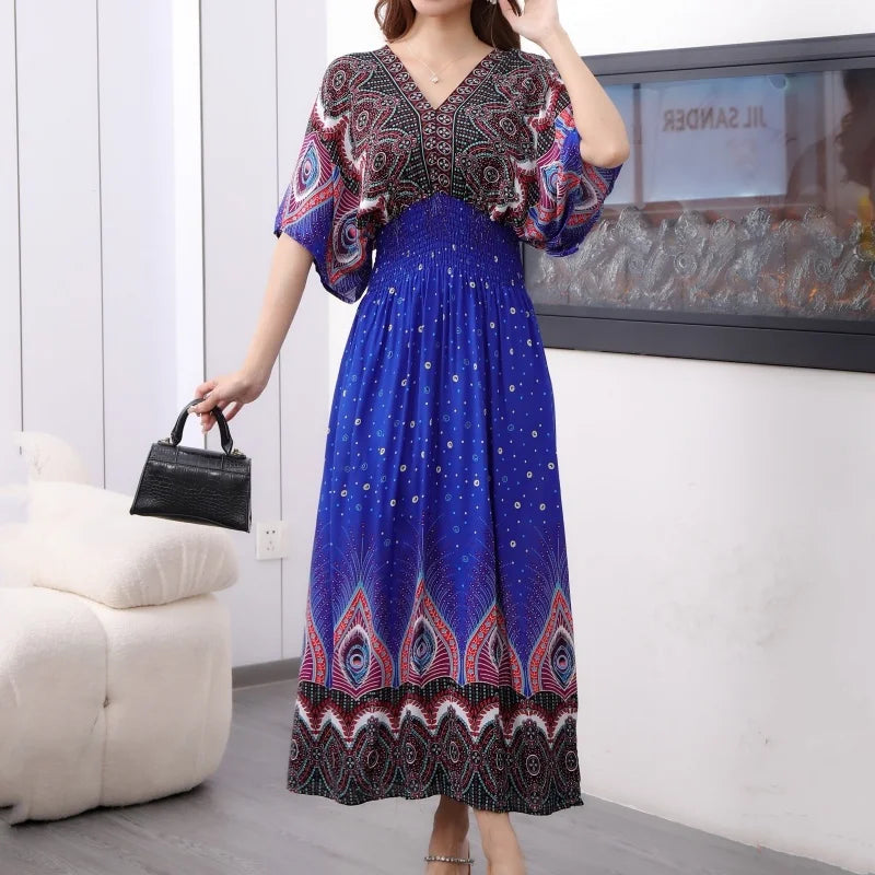 Summer Trend Ethnic V-Neck Printed Women's Dress Vintage Elegant Batswing Sleeves Elastic Waist Large Swing Casual Holiday Dress Beauty hair & fashionfj