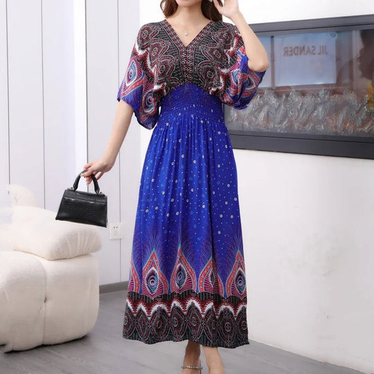 Summer Trend Ethnic V-Neck Printed Women's Dress Vintage Elegant Batswing Sleeves Elastic Waist Large Swing Casual Holiday Dress Beauty hair & fashionfj