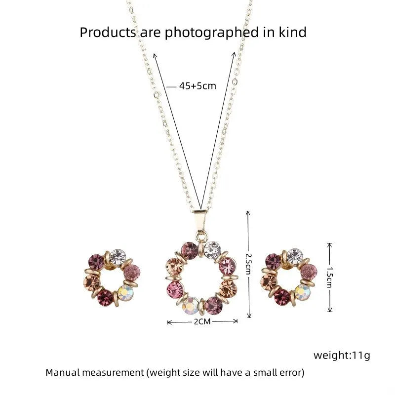 3pcs Gold Necklace Earrings Set Ladies Celebrity Simple Fashion Style Exquisite Stained Glass Diamond Circle Shape Jewelry Beauty hair & fashionfj
