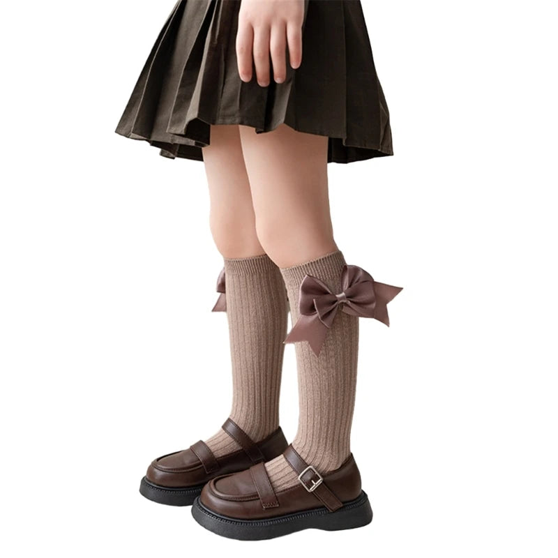 Pairs Girls Knee High Socks with Big Ribbons Bow, Back to School Socks Cotton Socks Uniform Party Wear Long Socks
