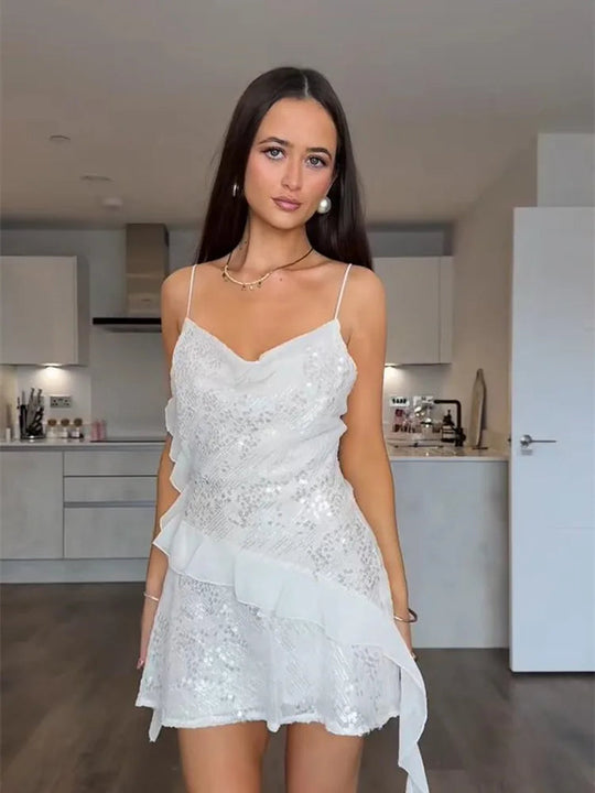 Glitter Flounce Mini Dress Woman Cinched Waist Sleeveless A-Line Halter Dresses Sexy Chic Women's Fashion Summer Short Dresses Beauty hair & fashionfj