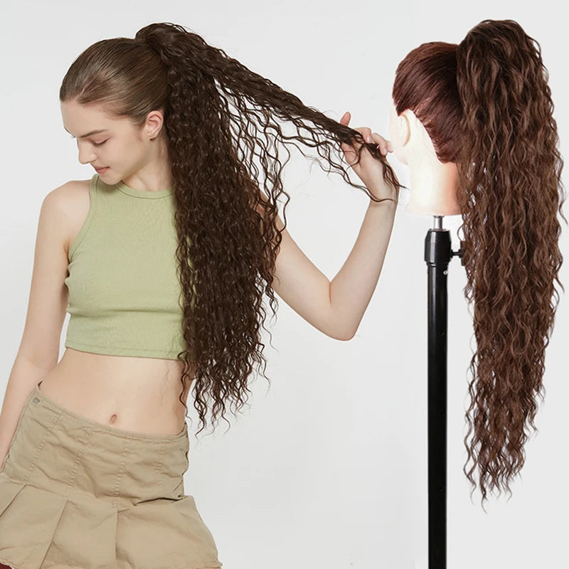 Julianna Synthetic Kanekalon Black Drawstring Water Wave Ponytail Extension Female Curly Wavy Clip In Ponytail Hair Extension