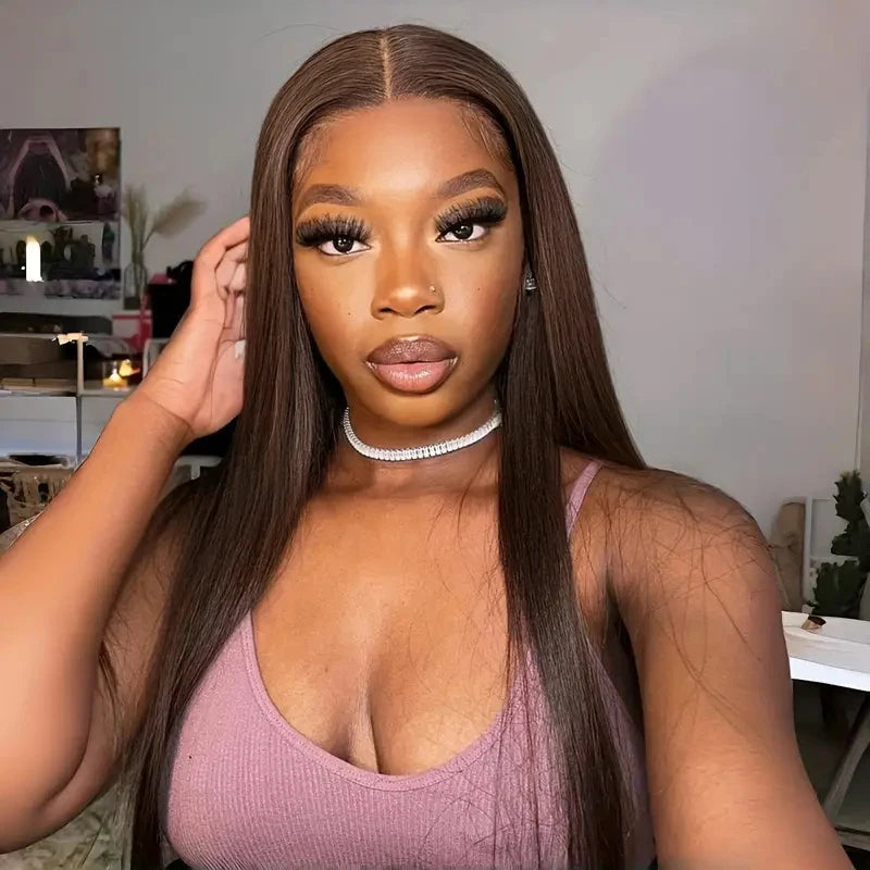 Dark Chocolate Brown Long Straight Synthetic Hair 13x4 Lace Front Wigs Transparent Lace Wigs For Women Bone Straight Wig 180% Beauty hair & fashionfj