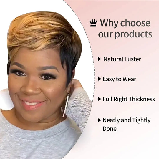 WIGERA Highlight Synthetic Short Straight Pixie Cut Hair Bob Wig Ombre Honey Blonde Mix Black Bronw Layered Hair Wigs For Woman