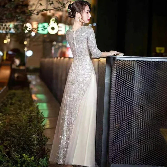 Evening Gown High-end Banquet Niche Light Luxury Host Steel Companion Conductor Choir Performance Costume Women's Long Dress WLF Beauty hair & fashionfj