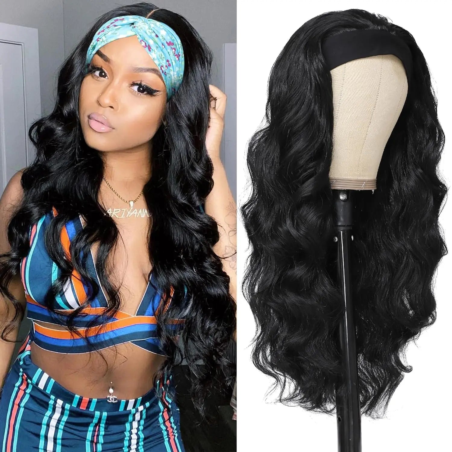 Brown Highlight Headband Wigs For Black Women 26" Body Wavy Wig With Headband Attached Natural Looking Synthetic Hair Wig
