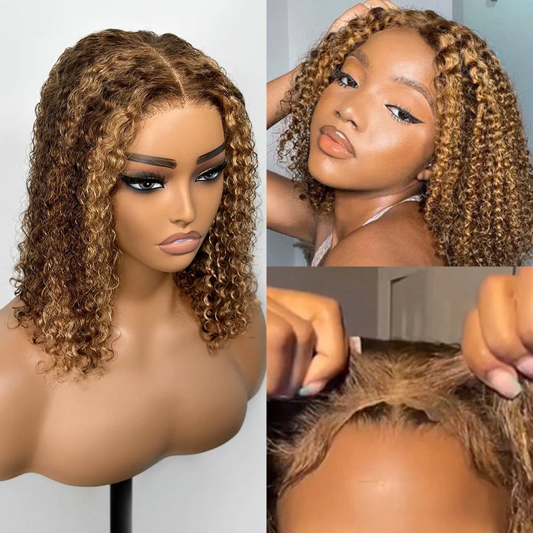 Deep Wave Honey Blonde Glueless Bob Wigs Human Hair Pre Plucked Pre Cut Highlight Wear and Go Curly Wigs Ombre HD Lace Front Wig Beauty hair & fashionfj
