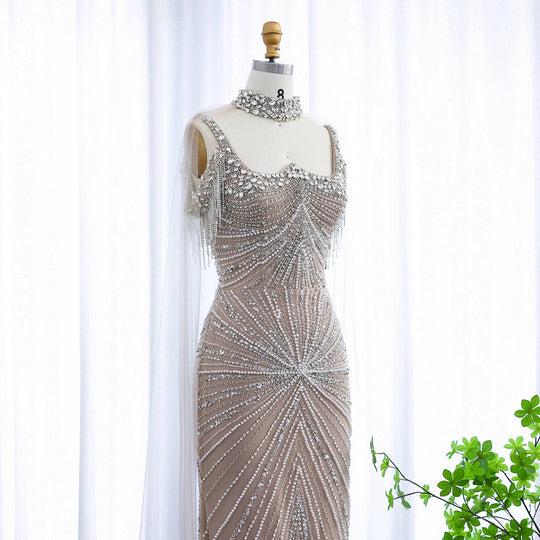 Sharon Said Luxury Tassel Silver Nude Mermaid Evening Dress with Cape Chocker Dubai Women Formal Party Gowns SS158 Customized Beauty hair & fashionfj