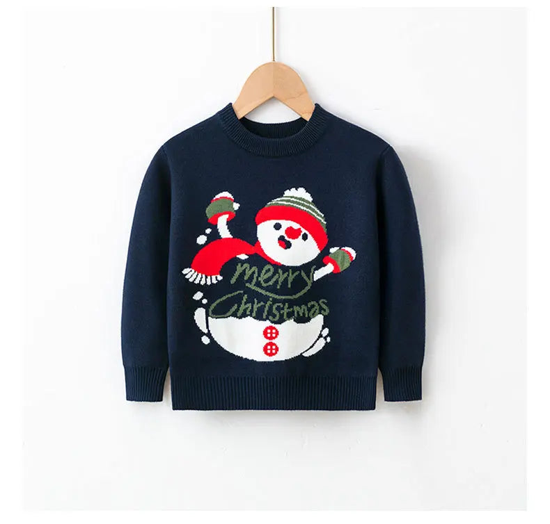 Kid Boys and Girls Casual Long Sleeves Top with Cartoon Prints in Christmas Blue Series Unisex Sweater for Children Comfortable