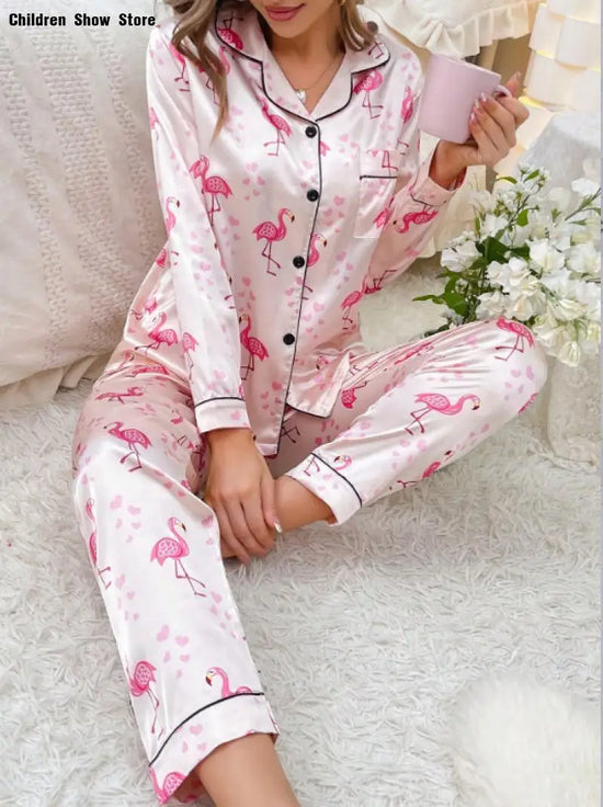 Women Silk Satin Pajamas Set Spring Autumn Pajama Long Sleeve Shirt with Trouser Sleepwear Loungewear Female Pyjamas Suits Mujer