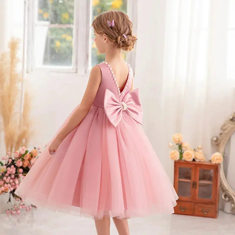 Summer Girls Party Dresses for Kids 3-8 Years Birthday Tulle Pearl Formal Evening Dress Backless Bow Flower Girl Wedding Dress Beauty hair & fashionfj