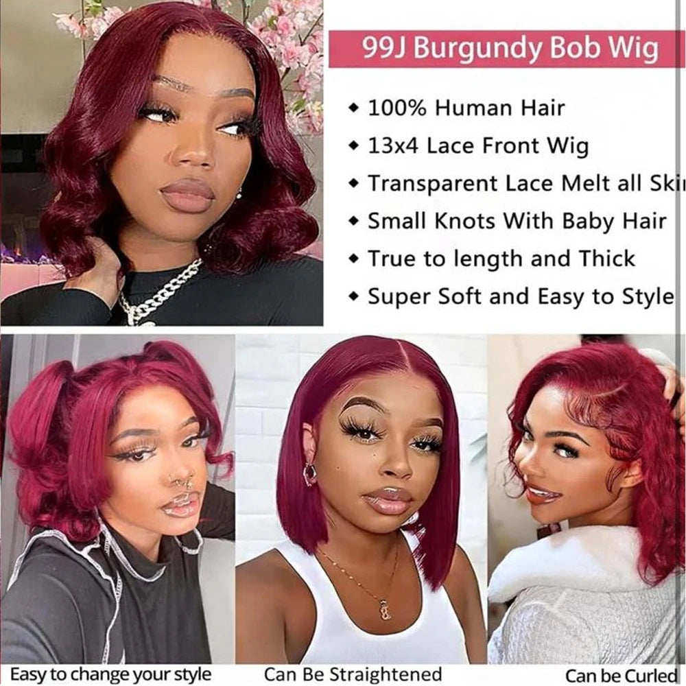 Human Hair Straight Bob Wigs 100% Human Hair 99J Burgundy Color Glueless Bob Wig Bob Wig Brazilian Straight Lace Front Human