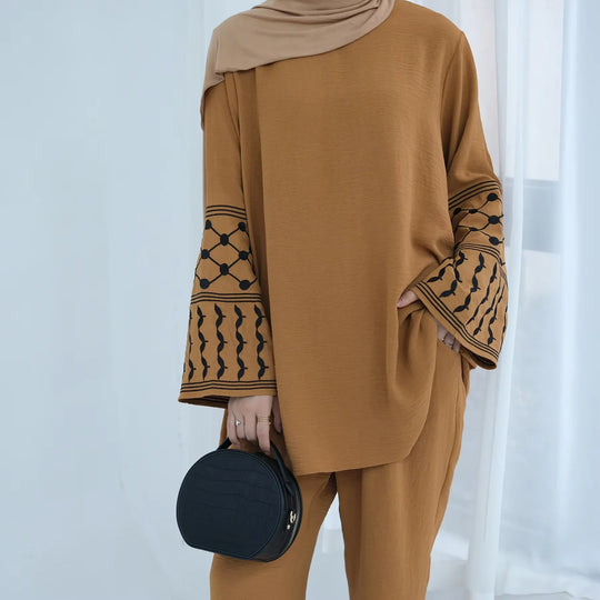 2PCS Embroidery Muslim Women Long Sleeve Tops Pants Set Dubai Turkey Outfits Islamic Clothing Kebaya Eid Ramadan Robe Abaya Suit Beauty hair & fashionfj