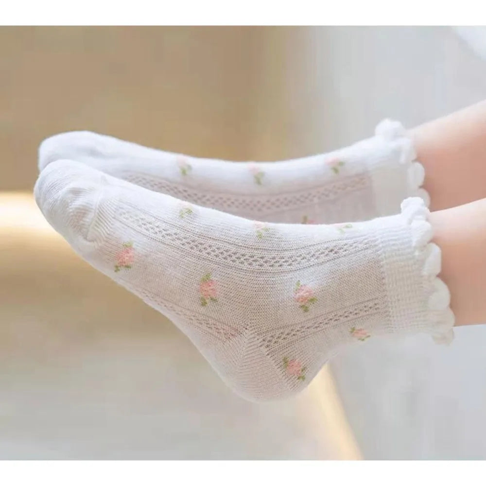 5 pairs of girls' summer thin socks, children's lace butterfly breathable mesh socks